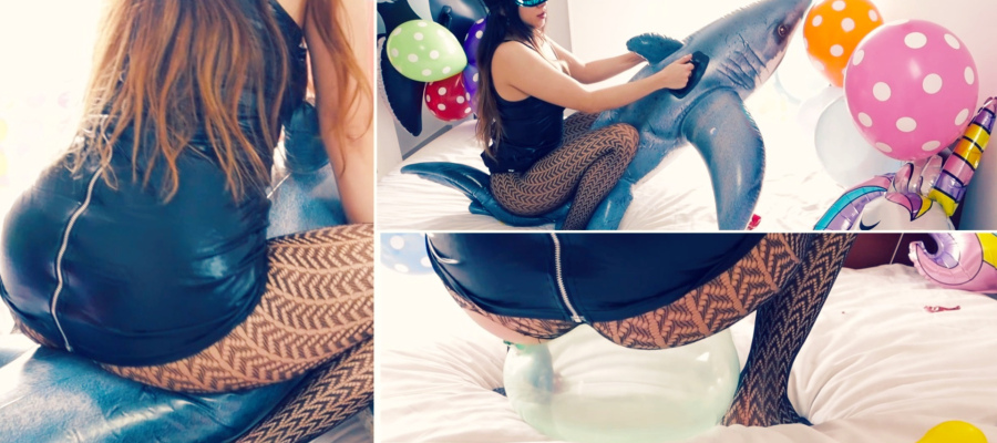 Nikki Playing with the Shark and popping an inflatable unicorn using her butt