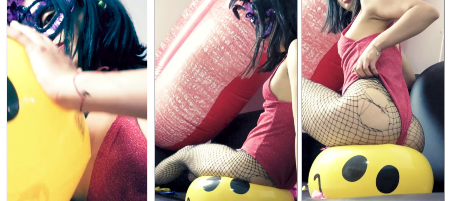 Sarah Stockings Sit to pop and Bounce Smiley beach ball and Balloons -