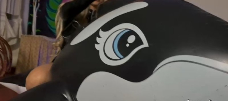 Antonia Rubbing the Killer Whale in the living room